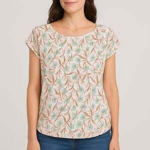 Cynthia Rowley Cream and Green Floral LINEN Tee Shirt MEDIUM